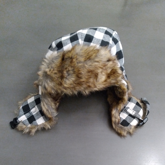 Black & White Buffalo Plaid Aviator Hat w/ Fur Accent - Picture 5 of 6